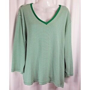 Liz Claiborne Women's Top Stripe Classic Preppy Green 3/4 Sleeve V-Neck Size 3X